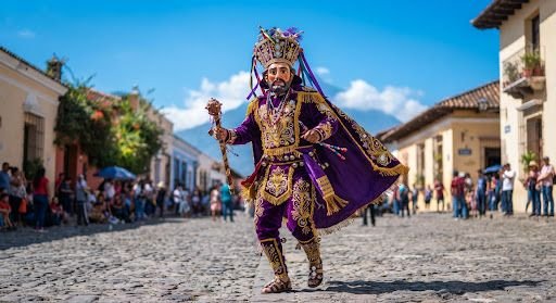 Danzante con traje ceremonial de Moros y Cristianos en una calle guatemalteca.