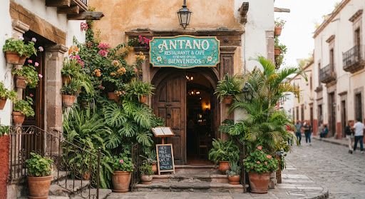 Entrada colonial de Antaño rodeada de plantas.