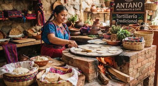 Cocinera preparando tortillas en un comal.
