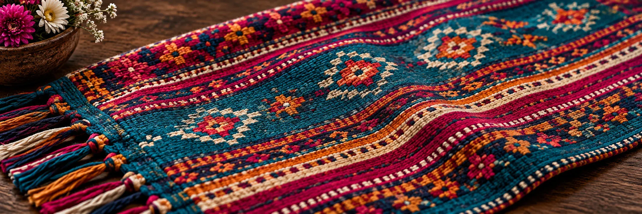 Textiles guatemaltecos y decoración artesanal del comedor.